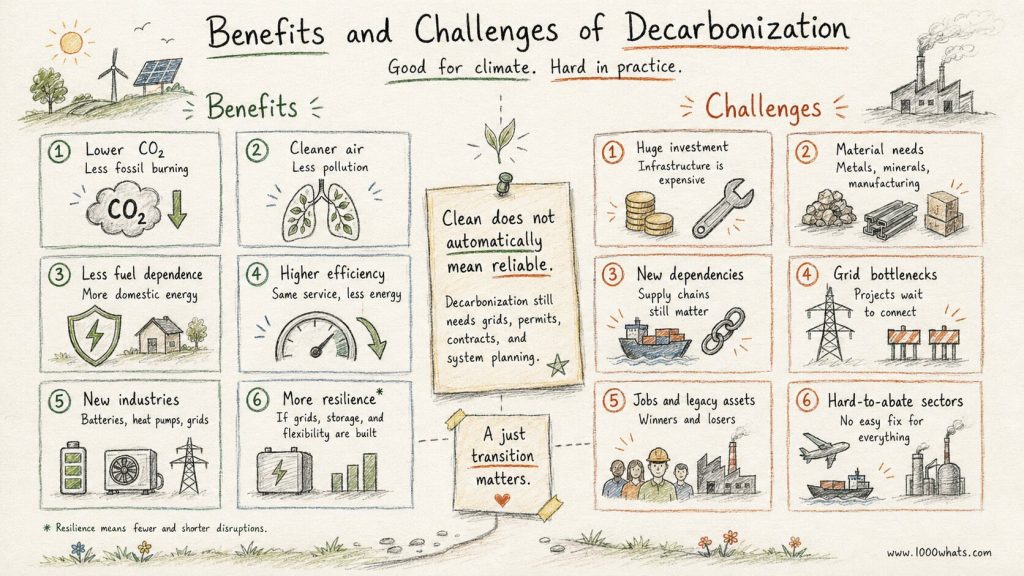 Hand-drawn decarbonization infographic comparing the benefits of lower emissions and cleaner air with challenges such as investment, materials, grid bottlenecks, and hard-to-abate sectors.