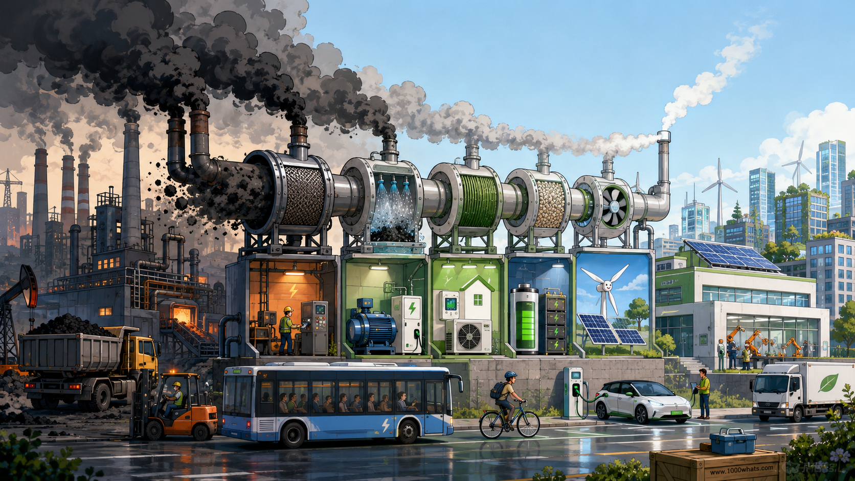 Digital illustration of decarbonization showing a transition from polluting fossil-fuel industry to cleaner energy, electric transport, batteries, and a low-carbon city.
