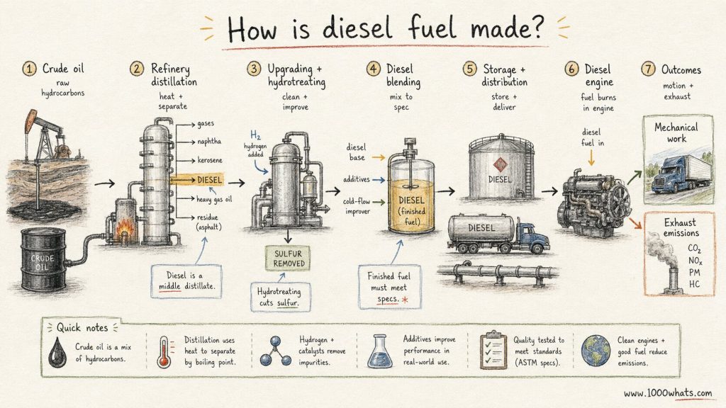 Hand-drawn diesel infographic showing crude oil, refinery distillation, hydrotreating, diesel blending, fuel storage, distribution, engine combustion, and exhaust emissions.