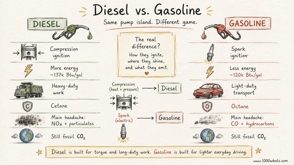 Hand-drawn diesel vs gasoline infographic comparing compression ignition, spark ignition, energy content, heavy-duty use, light-duty transport, and emissions.