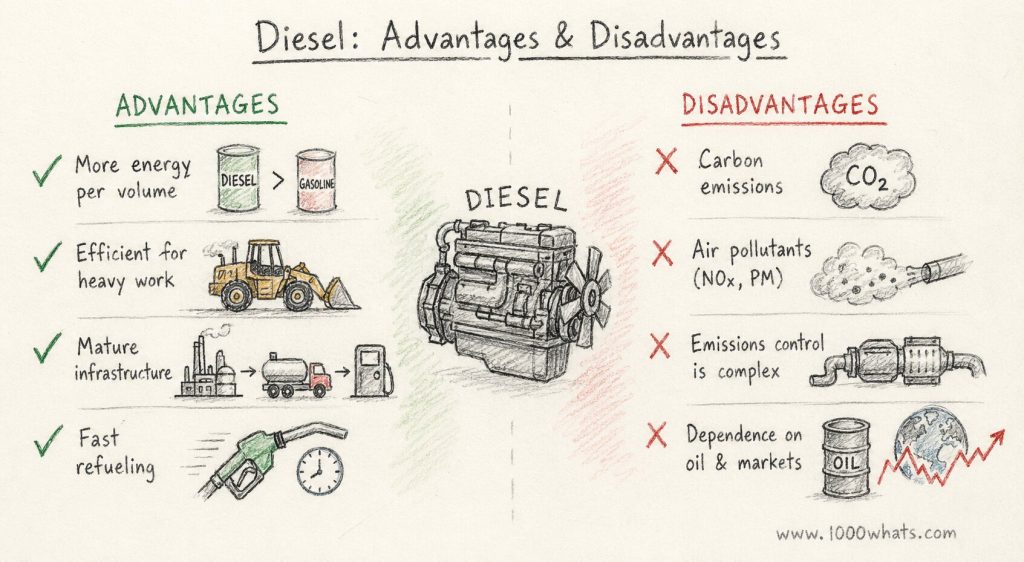 Hand-drawn diesel infographic listing advantages such as energy density and heavy-duty efficiency alongside disadvantages such as CO2 emissions, NOx, particulate matter, and oil dependence.