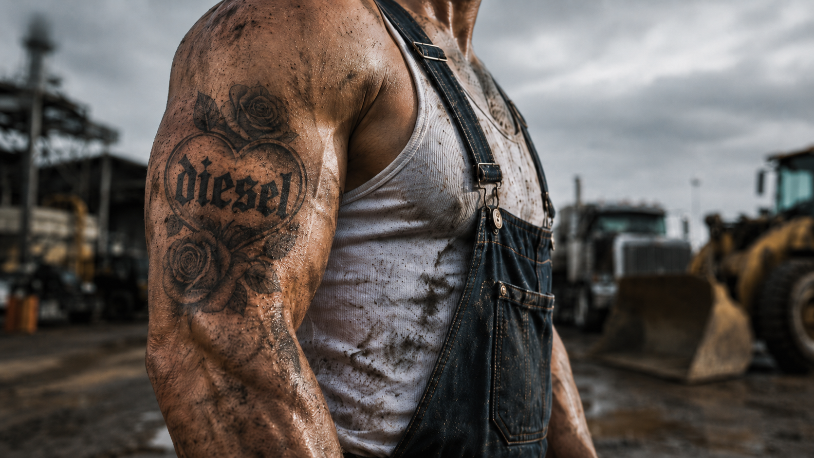 Dramatic diesel featured image showing a close-up of a muscular worker in overalls with a diesel tattoo, set against heavy machinery and an industrial background.