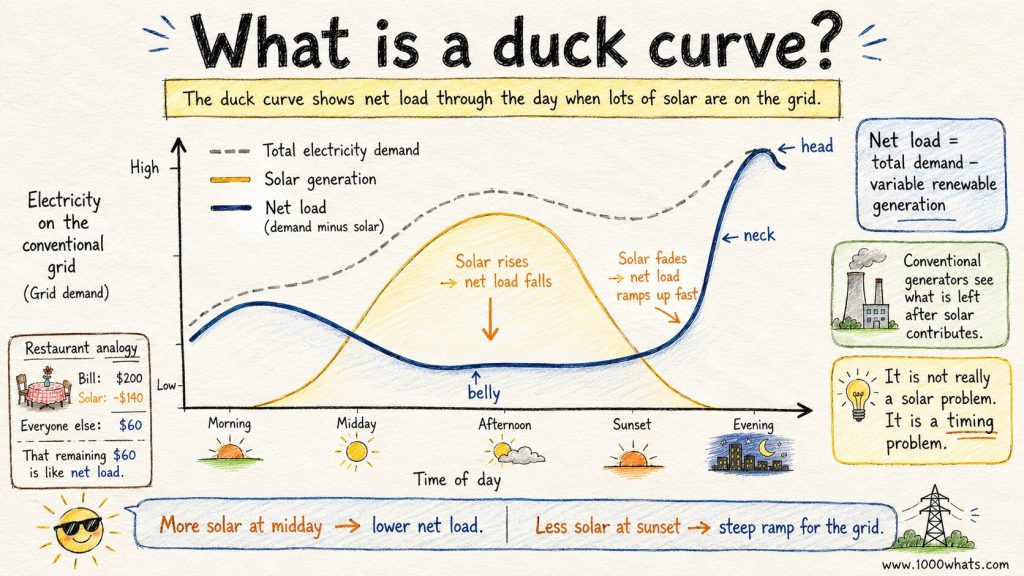 Hand-drawn infographic explaining the duck curve with lines for total electricity demand, solar generation, and net load, highlighting the duck belly and evening neck.