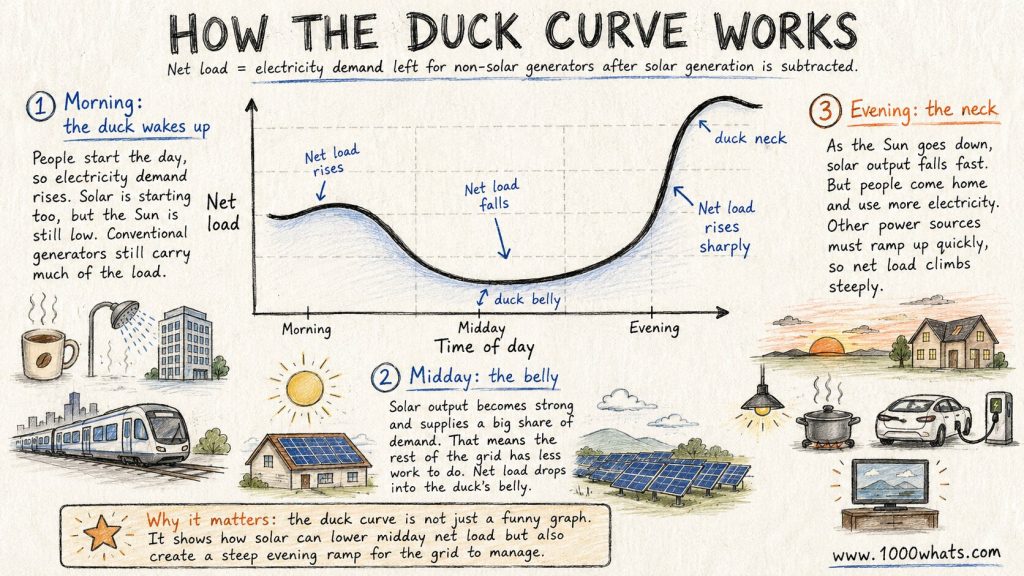 Hand-drawn explanation of the duck curve showing morning net load, the midday duck belly, and the steep evening duck neck as solar output drops.
