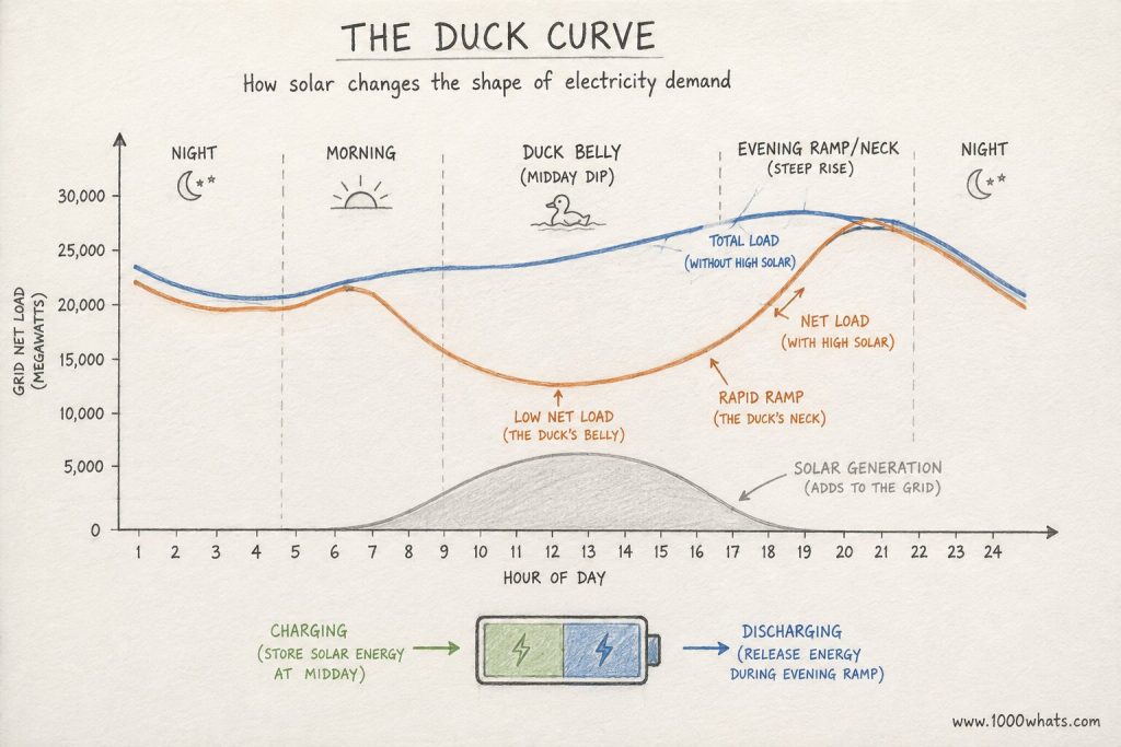 Hand-drawn chart of the duck curve showing total load, net load with high solar, and solar generation across 24 hours, including the midday dip and evening ramp.