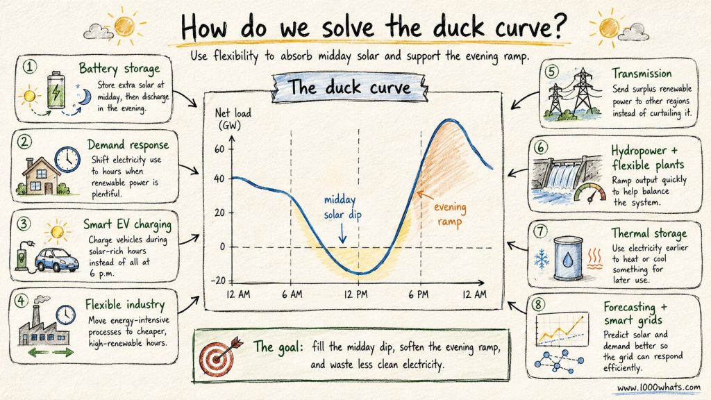 Hand-drawn infographic about solving the duck curve using batteries, demand response, EV charging, flexible generation, transmission, thermal storage, and forecasting.