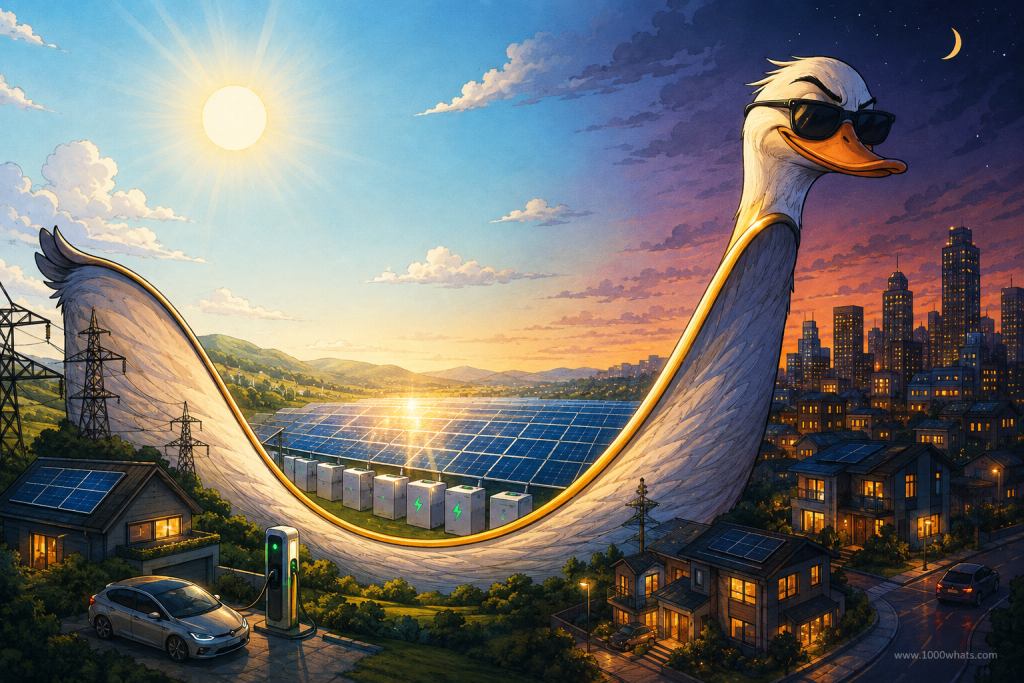Witty featured image of the duck curve showing a giant duck-shaped figure over solar panels, batteries, homes, and an evening city skyline.