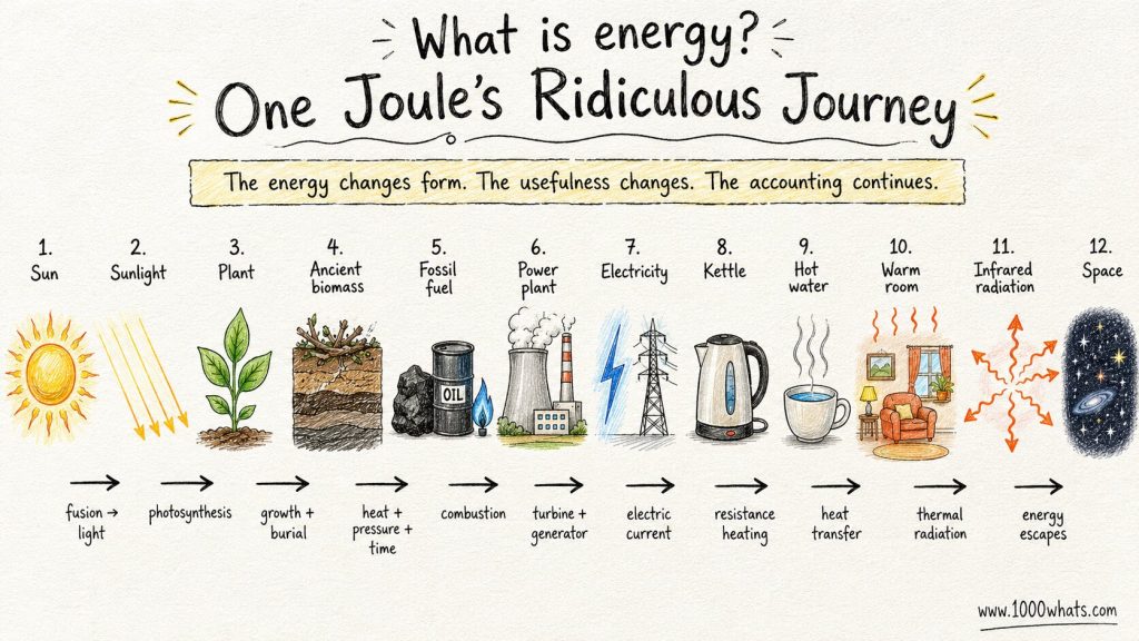 Hand-drawn energy infographic showing one joule changing form from sunlight to plant growth, fossil fuel, electricity, kettle heating, warm room, and infrared radiation to space.