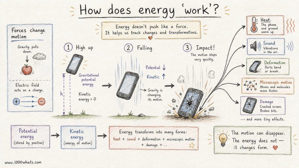 Hand-drawn energy infographic showing a phone falling from height and illustrating how energy changes from potential to kinetic and then into heat, sound, deformation, and damage.