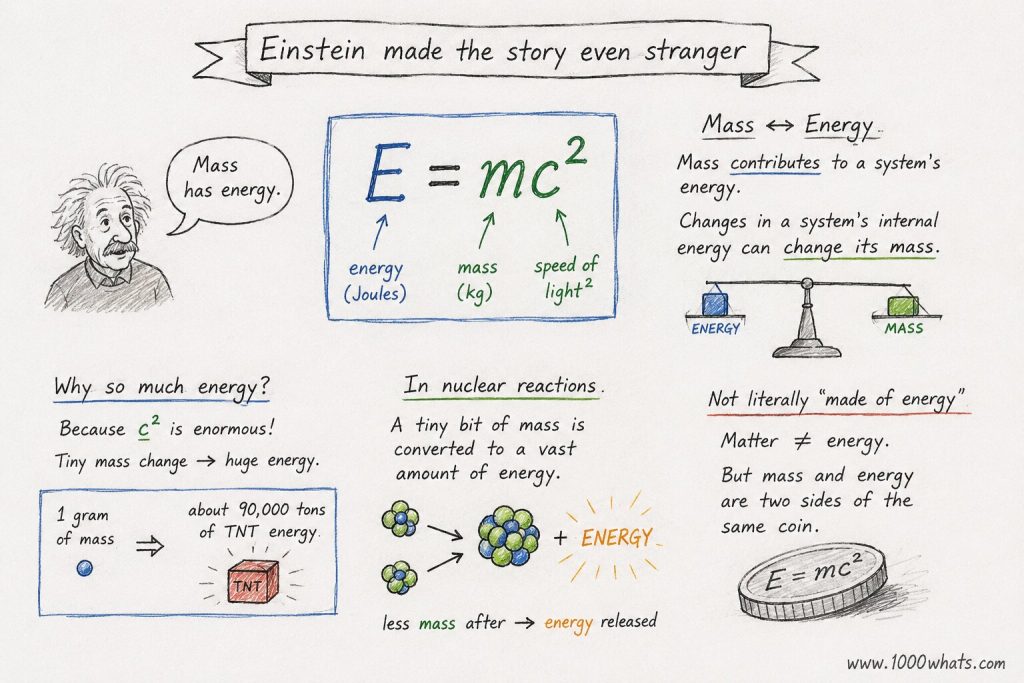 Hand-drawn energy infographic with Einstein and E = mc² explaining the relationship between mass and energy, including nuclear reactions and large energy release from small mass changes.
