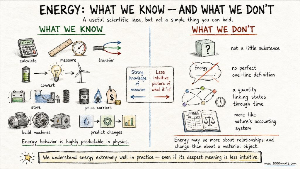 Hand-drawn energy infographic comparing what we know about energy in practice with what we still do not fully know about its deeper nature and meaning.