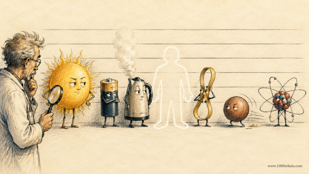 Illustrated featured image about energy showing a scientist examining the Sun, a battery, a kettle, a moving object, and an atom as different expressions of energy.