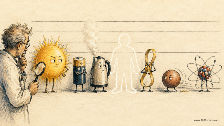 Illustrated featured image about energy showing a scientist examining the Sun, a battery, a kettle, a moving object, and an atom as different expressions of energy.