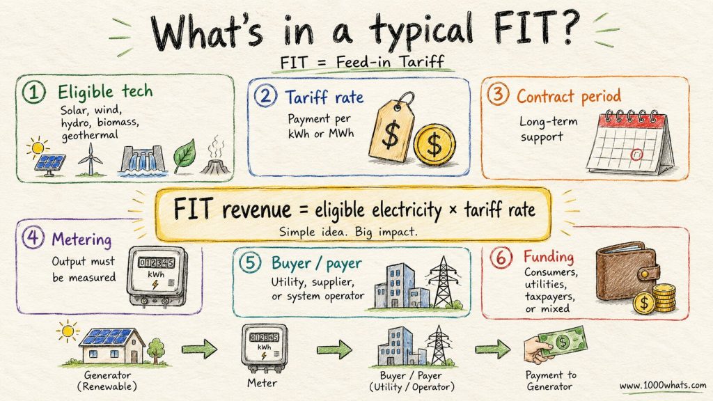 Hand-drawn feed-in tariff infographic showing eligible technologies, tariff rate, contract period, metering, buyer, payer, and funding structure.