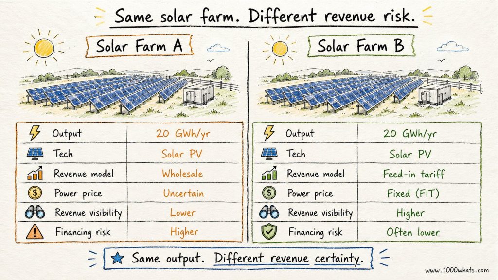 Hand-drawn feed-in tariff comparison of two solar farms showing how a feed-in tariff can reduce revenue risk compared with wholesale market pricing.