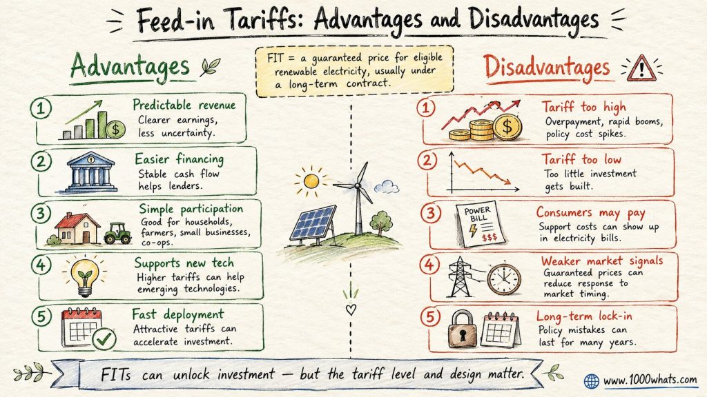 Hand-drawn feed-in tariff infographic listing key advantages such as predictable revenue and key disadvantages such as policy cost and weaker market signals.