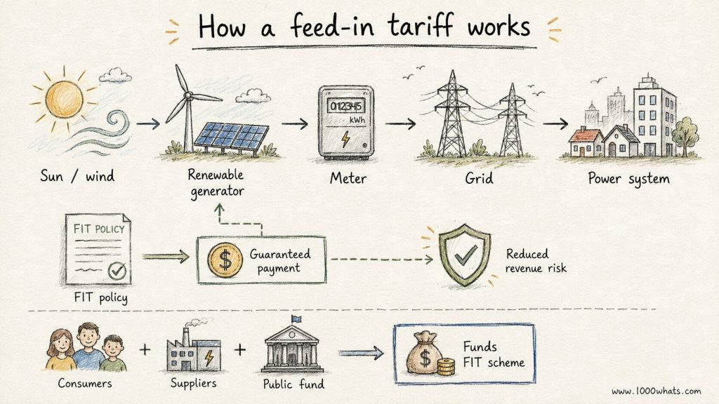 Hand-drawn feed-in tariff diagram showing renewable generation, metering, guaranteed payment, reduced revenue risk, and FIT scheme funding.