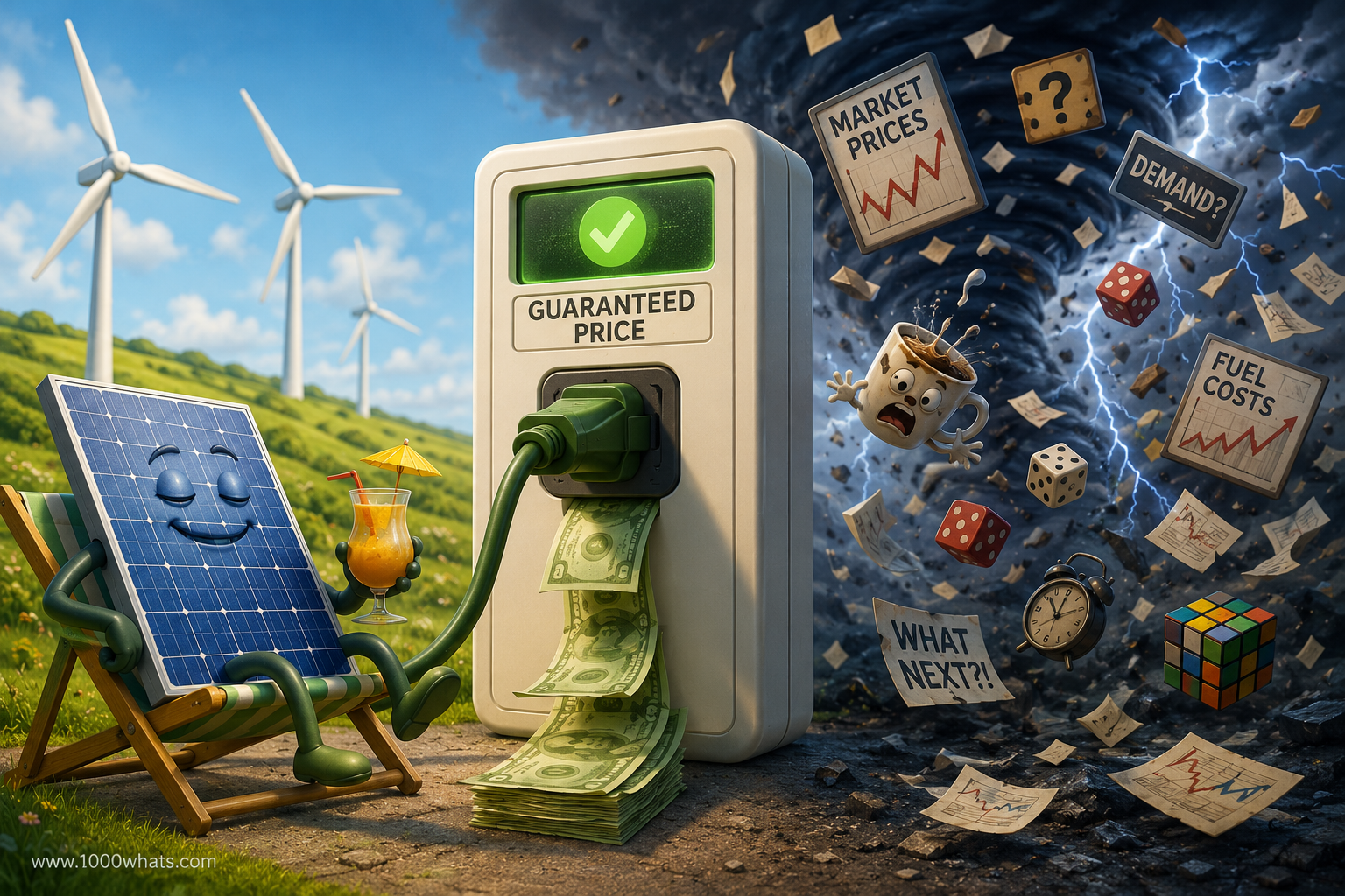 Digital featured image about feed-in tariff showing guaranteed price stability for renewable energy contrasted with chaotic market uncertainty.