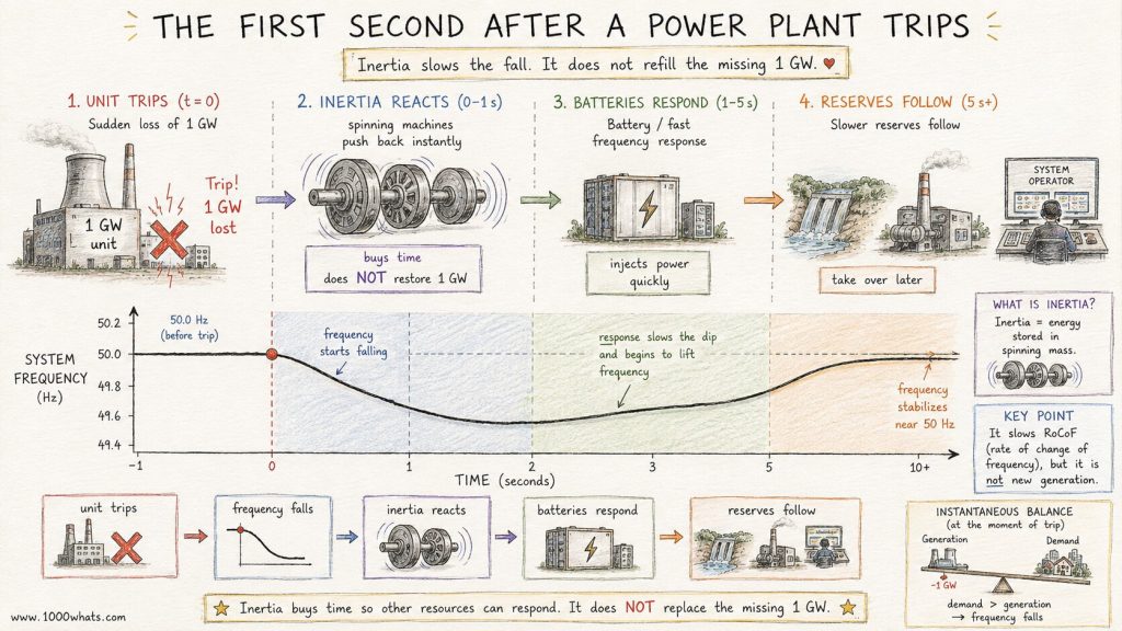 Hand-drawn grid inertia infographic showing what happens after a 1 GW power plant trip, with falling frequency, inertial response, battery support, and reserves following.