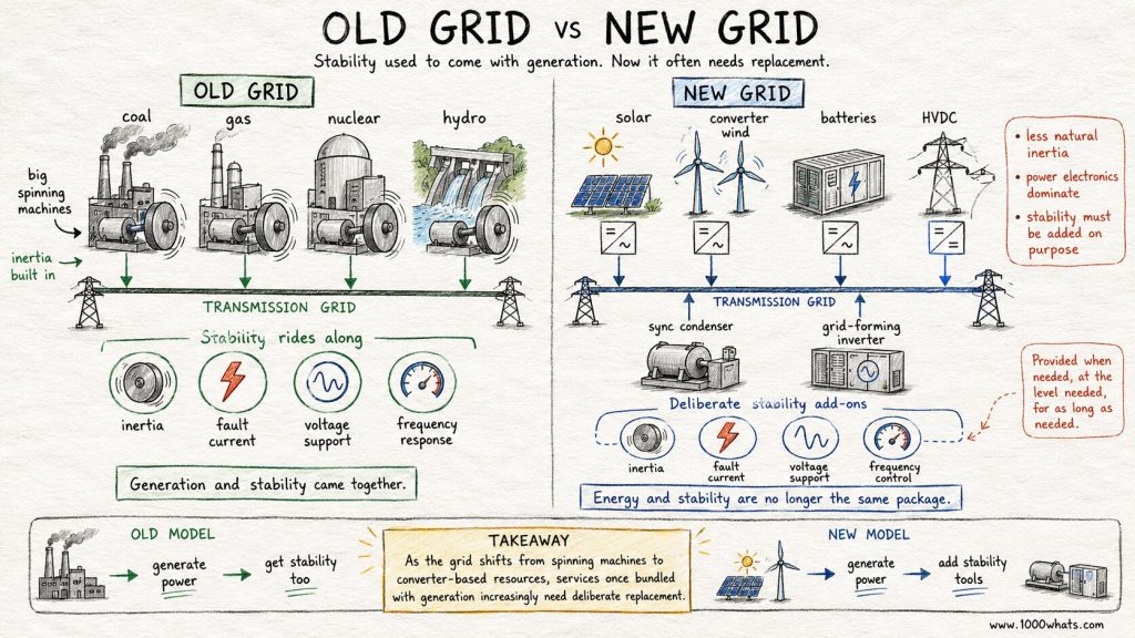 Hand-drawn grid inertia infographic comparing an old grid with spinning thermal, nuclear, and hydro plants to a new grid with solar, wind, batteries, HVDC, and added stability devices.