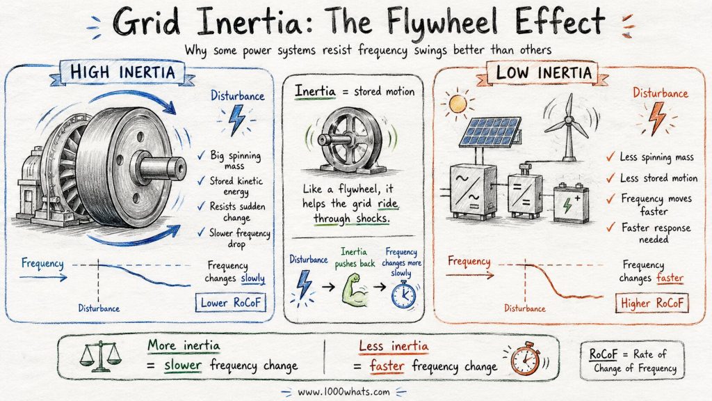 Hand-drawn grid inertia infographic explaining the flywheel effect, comparing high-inertia and low-inertia power systems and showing their different frequency responses.