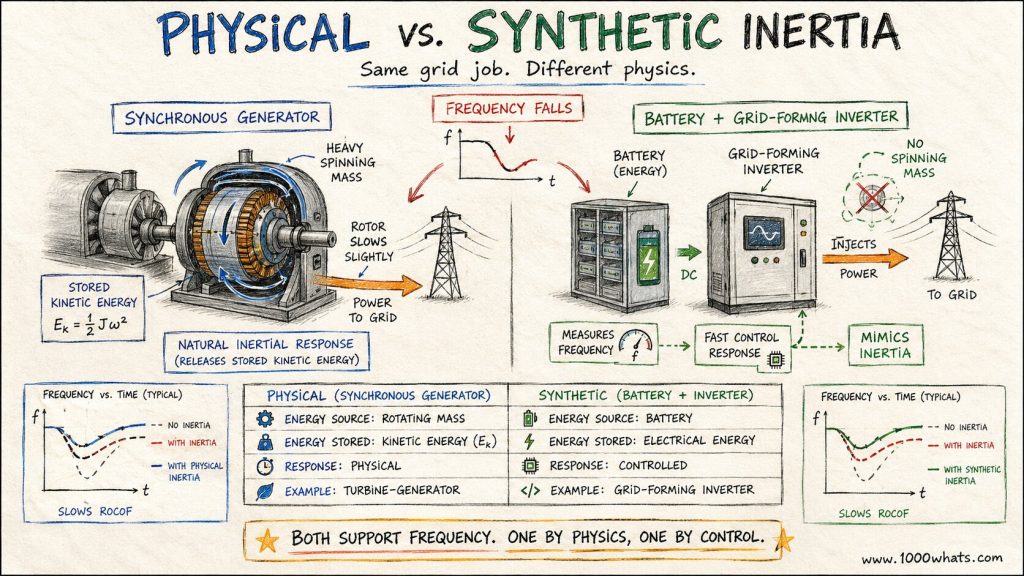 Hand-drawn grid inertia infographic comparing physical inertia from a synchronous generator with synthetic inertia from a battery and grid-forming inverter.