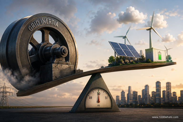 Featured image about grid inertia showing a large flywheel balancing solar, wind, and battery resources above a frequency meter near 50 Hz.
