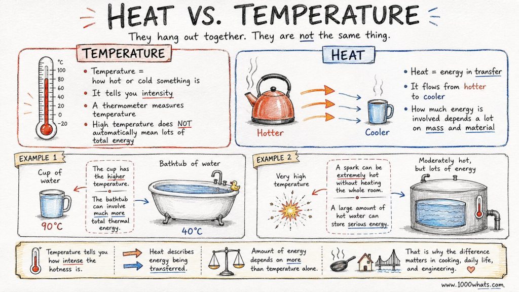 Hand-drawn heat infographic comparing heat and temperature, showing how temperature measures hotness while heat describes energy transfer from hotter objects to cooler ones.