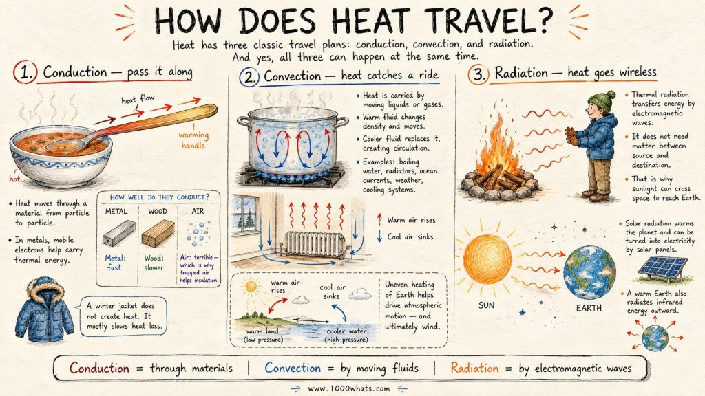 Hand-drawn heat diagram explaining conduction, convection, and radiation, with examples showing how heat moves through solids, fluids, and electromagnetic waves.