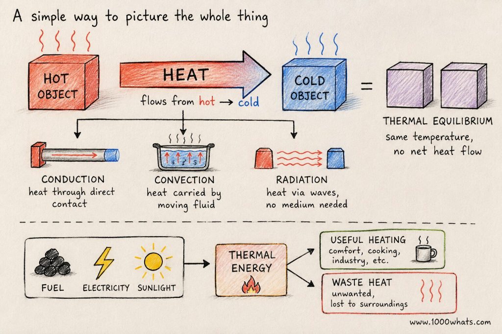 Hand-drawn heat overview showing heat flowing from a hot object to a cold object through conduction, convection, and radiation until thermal equilibrium is reached.