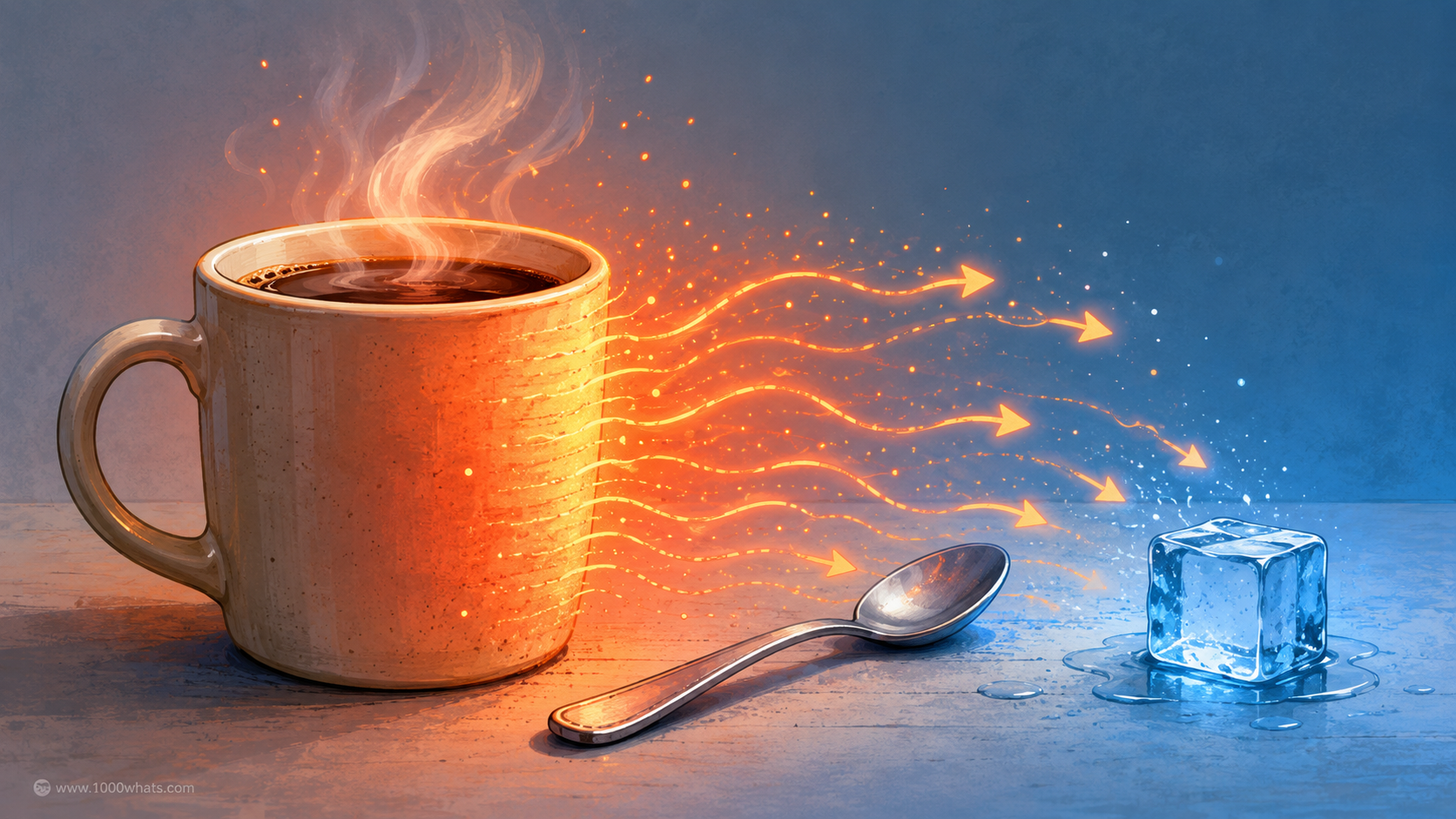 Digital heat illustration showing a steaming mug transferring heat toward a cold ice cube, demonstrating heat flow from hot to cold.
