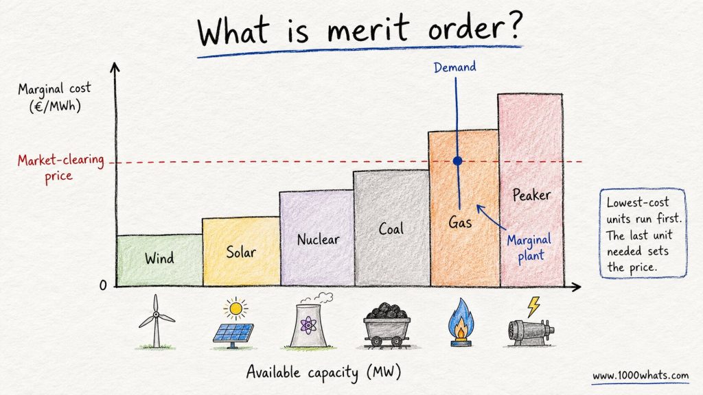 Hand-drawn merit order infographic showing electricity generation technologies ranked by marginal cost and how the marginal plant sets the market-clearing price.