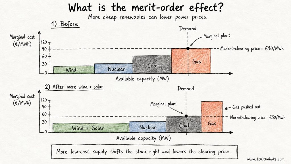 Hand-drawn merit order effect illustration showing how more wind and solar can lower electricity prices by shifting the supply stack and changing the marginal plant.