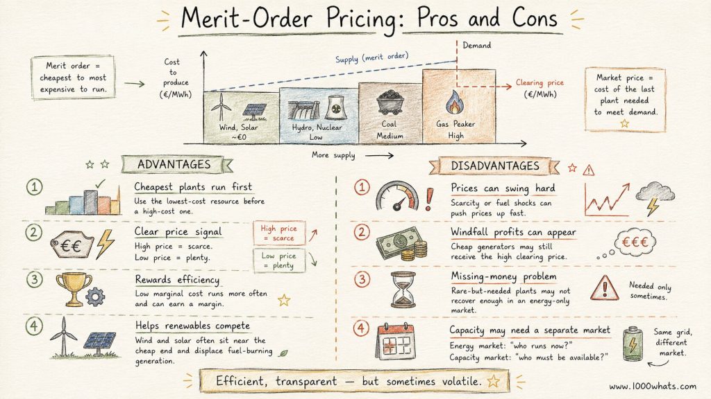 Hand-drawn merit order pricing infographic listing the main advantages and disadvantages of merit-order pricing in electricity markets.