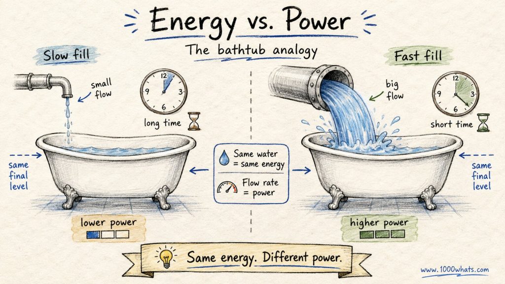 Hand-drawn power infographic using two bathtubs to explain energy vs. power, showing slow fill and fast fill with the same final water level but different power.