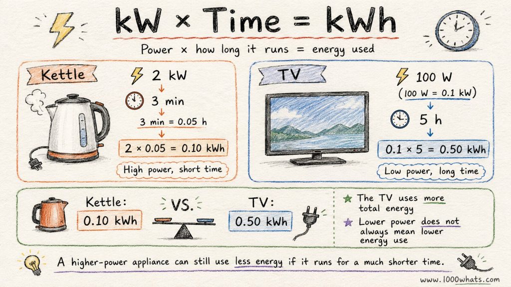 Hand-drawn power infographic explaining kW times time equals kWh, with examples of a kettle and a TV to show how power and runtime affect energy use.