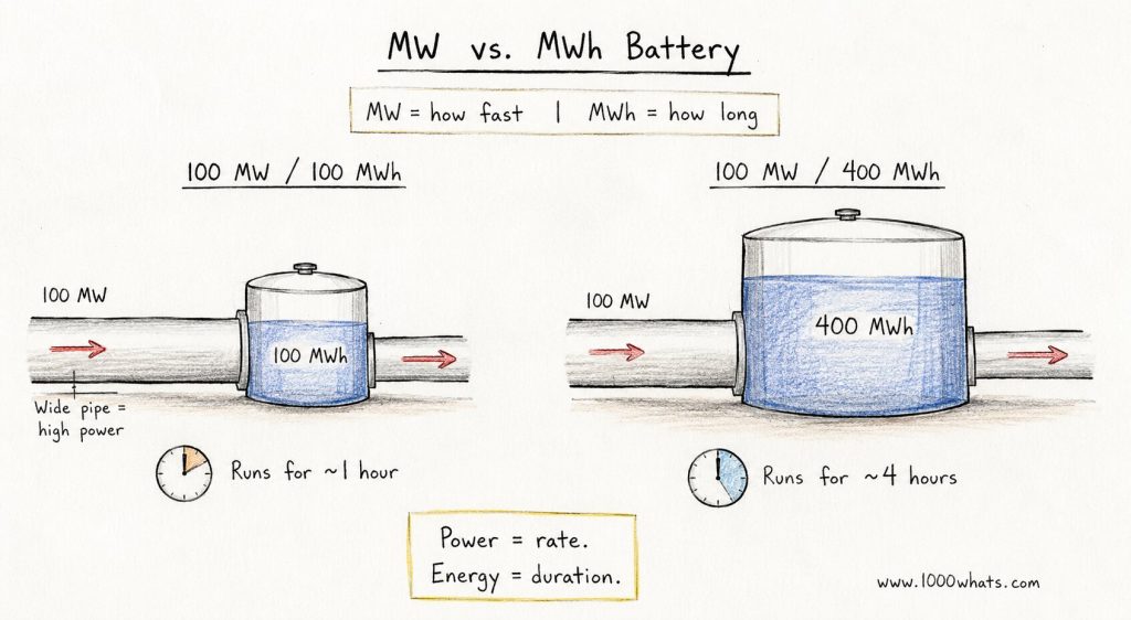 Hand-drawn power infographic comparing MW and MWh in battery storage, showing that power is the discharge rate and energy is the duration.