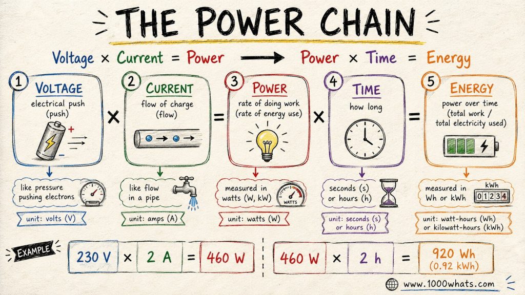Hand-drawn power infographic showing the relationship between voltage, current, power, time, and energy, including units such as volts, amps, watts, and kilowatt-hours.
