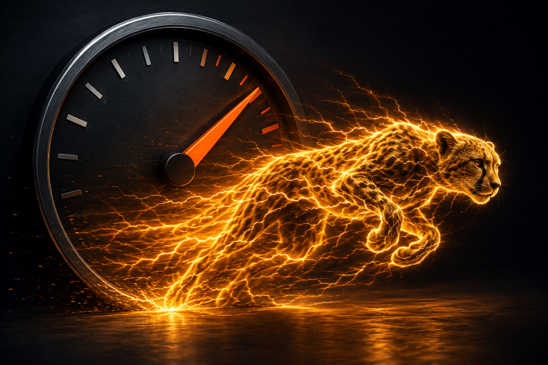 Illustrated featured image about power showing a glowing speedometer and an electric cheetah, symbolizing power as fast energy delivery.