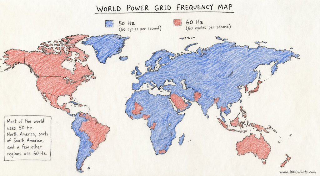 Hand-drawn world map illustrating power grid frequency by region, with countries shaded to show where 50 Hz and 60 Hz electricity systems are used.