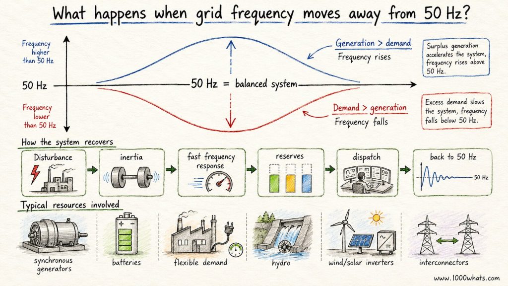 Hand-drawn power grid frequency illustration showing deviations above and below 50 Hz and explaining how the system recovers using inertia, reserves, batteries, hydro, flexible demand, and dispatch actions.