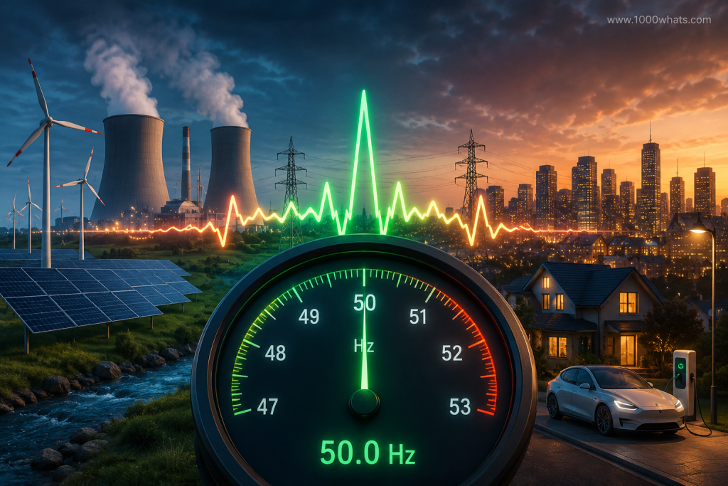Digital illustration of power grid frequency showing a 50 Hz meter in front of a mixed electricity system with power plants, renewables, homes, a city, and an electric vehicle.