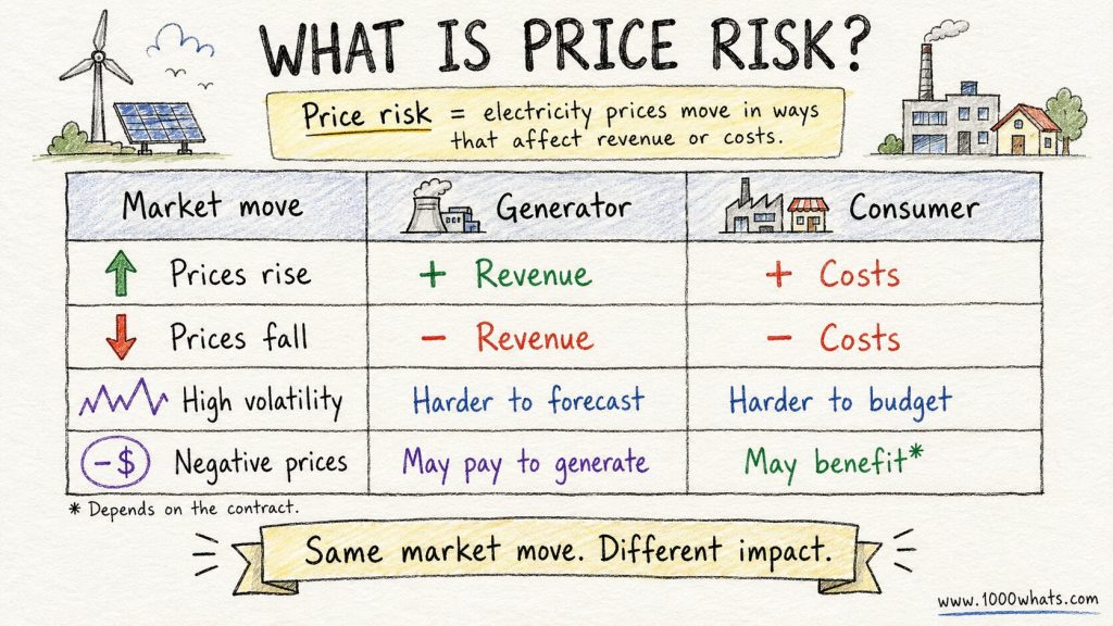 Hand-drawn price risk infographic showing how electricity price increases, decreases, volatility, and negative prices affect generator revenue and consumer costs.