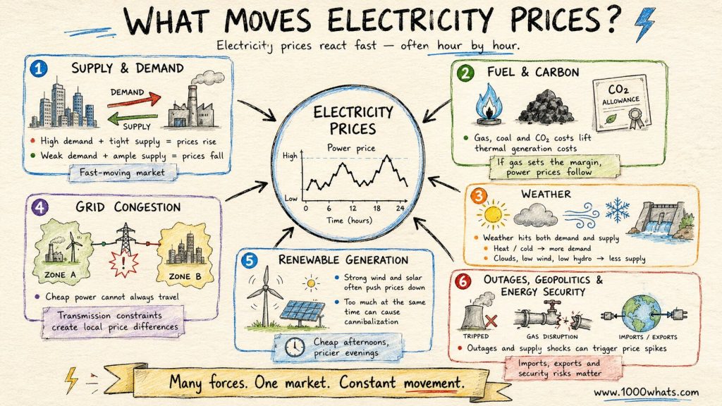 Hand-drawn price risk diagram showing factors that move electricity prices, including demand, supply, fuel costs, weather, renewables, grid congestion, outages, and geopolitical shocks.