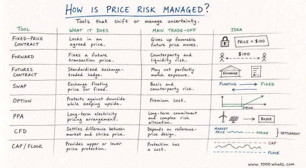 Hand-drawn price risk table showing hedging tools such as fixed-price contracts, forwards, futures, swaps, options, PPAs, CfDs, caps, and floors.