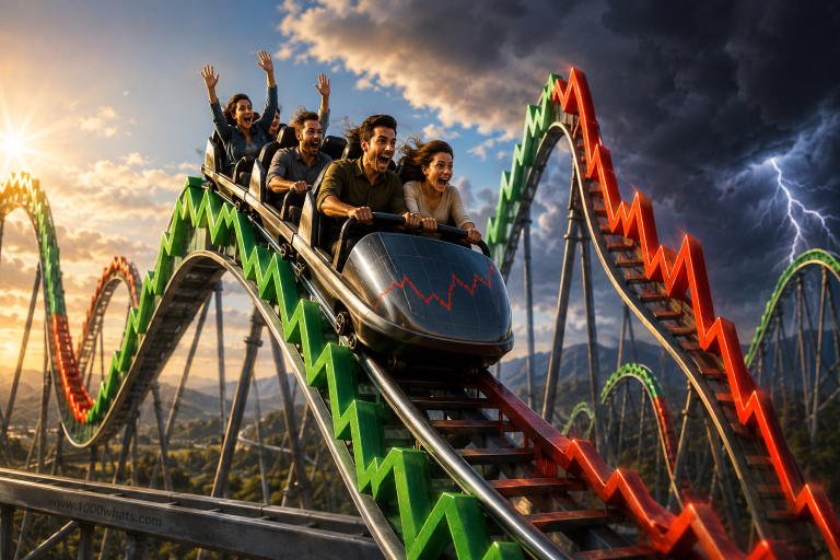 Witty price risk featured image showing people riding a roller coaster shaped like rising and falling electricity price charts under stormy skies.