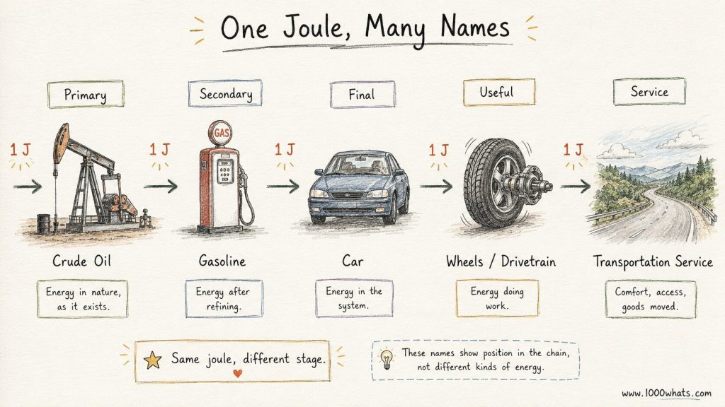 Hand-drawn primary energy infographic showing crude oil, gasoline, a car, wheels, and transportation service labeled as primary, secondary, final, useful, and service.