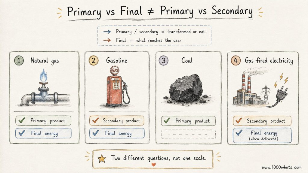 Hand-drawn primary energy infographic comparing natural gas, gasoline, coal, and gas-fired electricity to explain the difference between primary, secondary, and final energy.