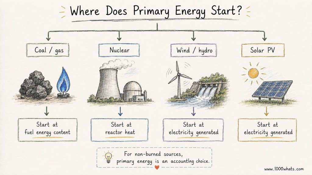 Hand-drawn primary energy infographic showing where primary energy starts for coal, gas, nuclear, wind, hydro, and solar PV.