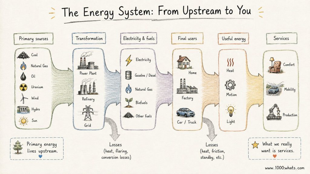 Hand-drawn primary energy infographic explaining how energy is tracked from source through conversion to delivered and useful energy.
